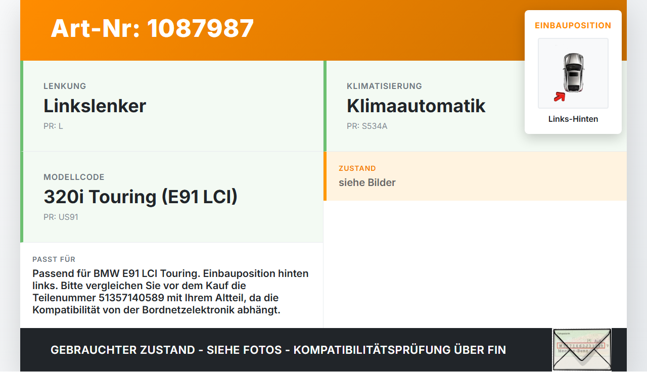 BMW E91 320i LCI 08-11 Kombi Fensterhebermotor mit Fensterheber Links Hinten BMW E91 320i LCI 08-11 31.08.2009... Vorschau 3