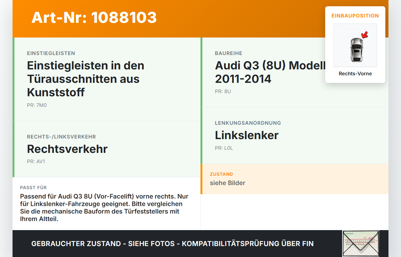 Audi Q3 8U 11-14 Türfangband Türbremse Türanschlag Rechts Vorne Audi Q3 8U 11-14 25.04.2013 8U0837249C gebraucht Vorschau 3