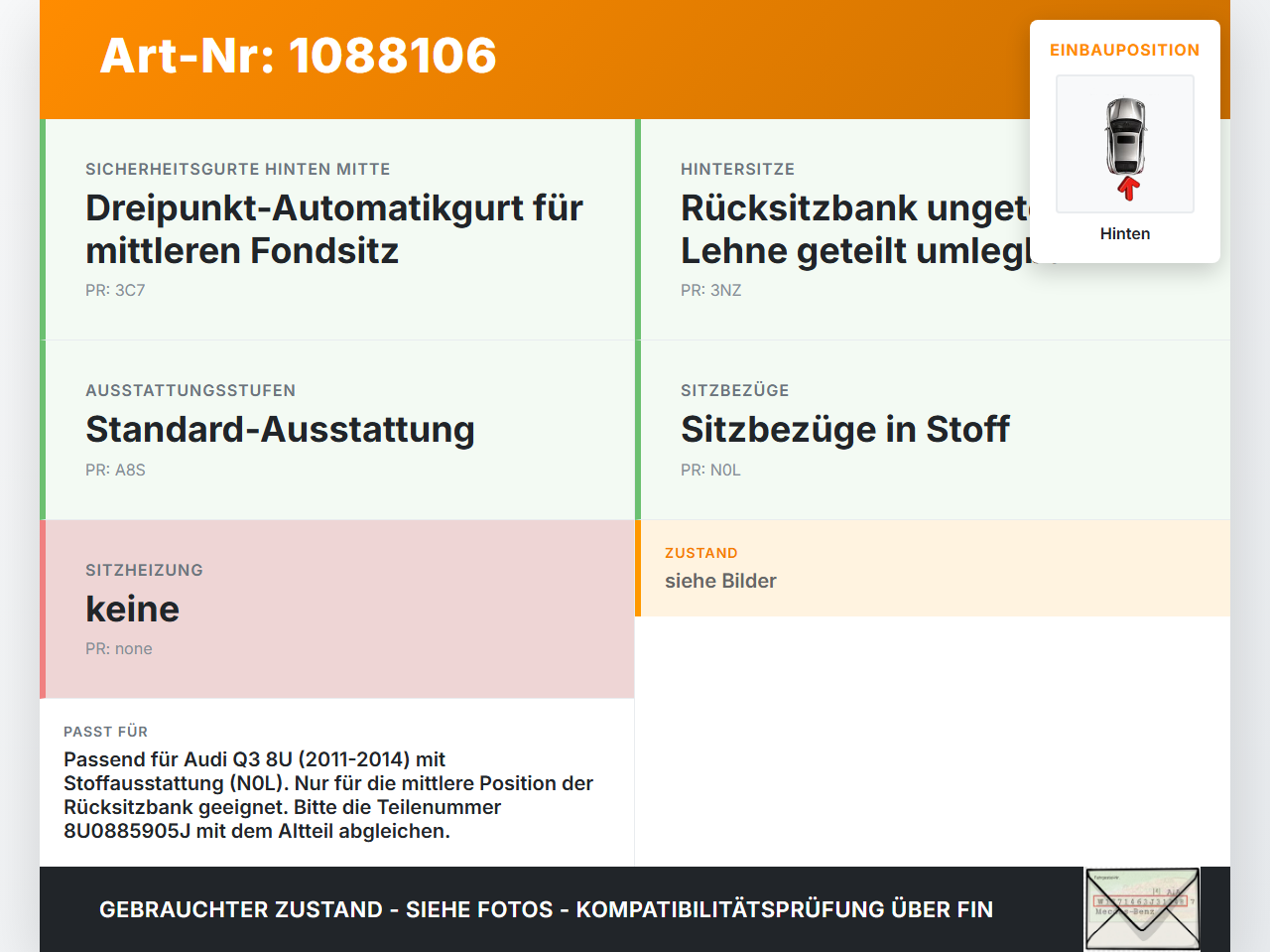 Audi Q3 8U 11-14 Kopfstütze Mitte Hinten Audi Q3 8U 11-14 25.04.2013 8U0885905J gebraucht Vorschau 3