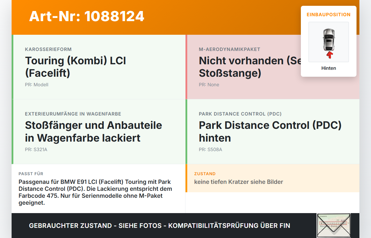 BMW E91 320i LCI 08-11 Kombi Stoßstange Stoßfänger Heckstoßstange Heckschürze PDC Hinten 475 BMW E91 320i LCI 08-11... Vorschau 3