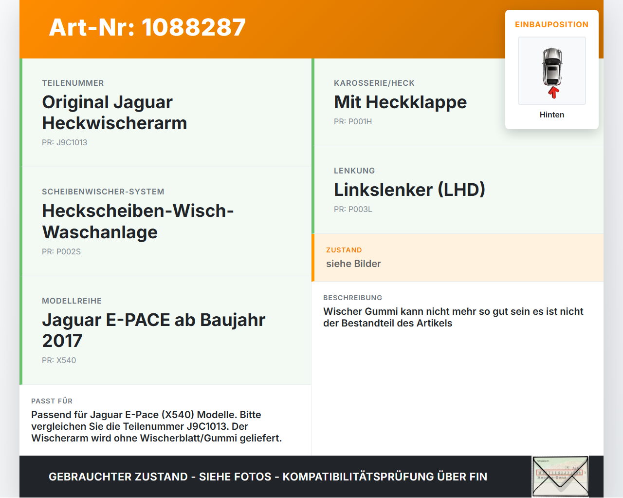 Jaguar E-Pace X540 Scheibenwischer Heckwischer Hinten Wischarm Jaguar E-Pace X540 19.08.2019 J9C1013 gebraucht Vorschau 3