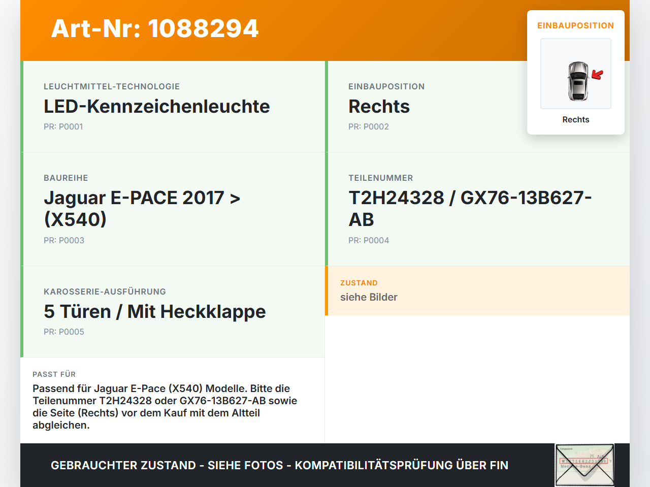 Jaguar E-Pace X540 LED Kennzeichenleuchte Rechts Jaguar E-Pace X540 19.08.2019 T2H24328 GX76-13B627-AB gebraucht Vorschau 3