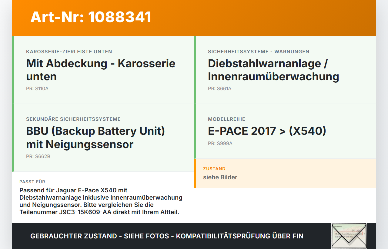 Jaguar E-Pace X540 Alarmanlage Alarm Sensor Jaguar E-Pace X540 19.08.2019 J9C8624 J9C3-15K609-AA 28586032 gebraucht Vorschau 3