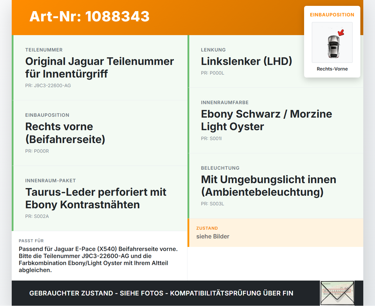 Jaguar E-Pace X540 Türgriff Griffmulde Innentürgriff Griff Rechts Vorne Jaguar E-Pace X540 19.08.2019 J9C12906... Vorschau 3