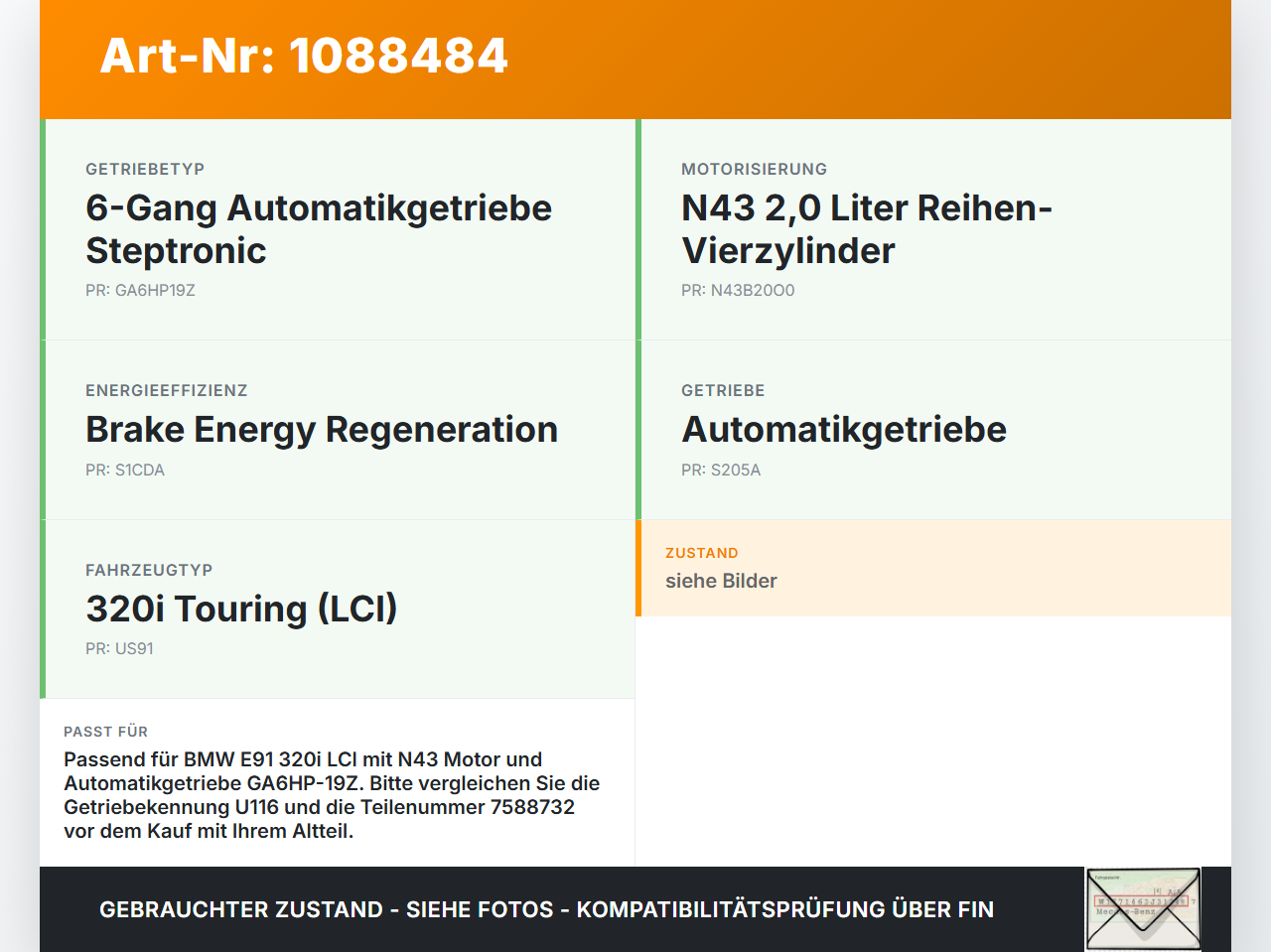 BMW E91 320i LCI 08-11 2,0i 105KW Autom Wandler Drehmomentwandler für Getriebe U116 BMW E91 320i LCI 08-11... Vorschau 3
