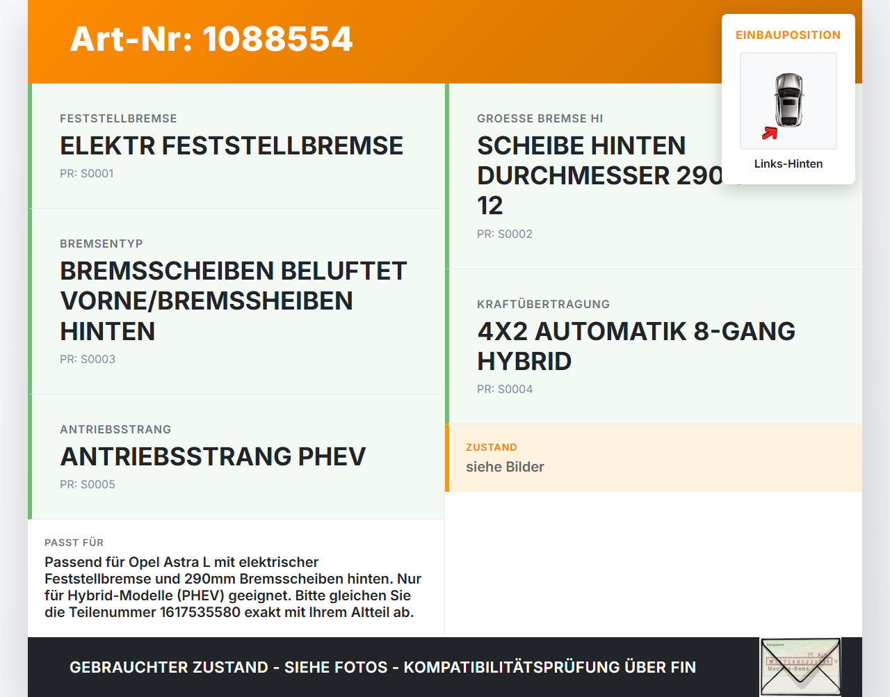 Opel Astra L 21-26 Hybrid 1,6 132KW Stellmotor Parkbremse Bremssattel Hinten Links Opel Astra L 21-26 27.04.2023... Vorschau 3