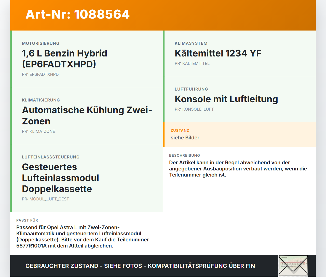 Opel Astra L 21-26 Luftklappenstellmotor Stellmotor Pos.1 Opel Astra L 21-26 27.04.2023 9830683380 5877R1001A gebraucht Vorschau 3