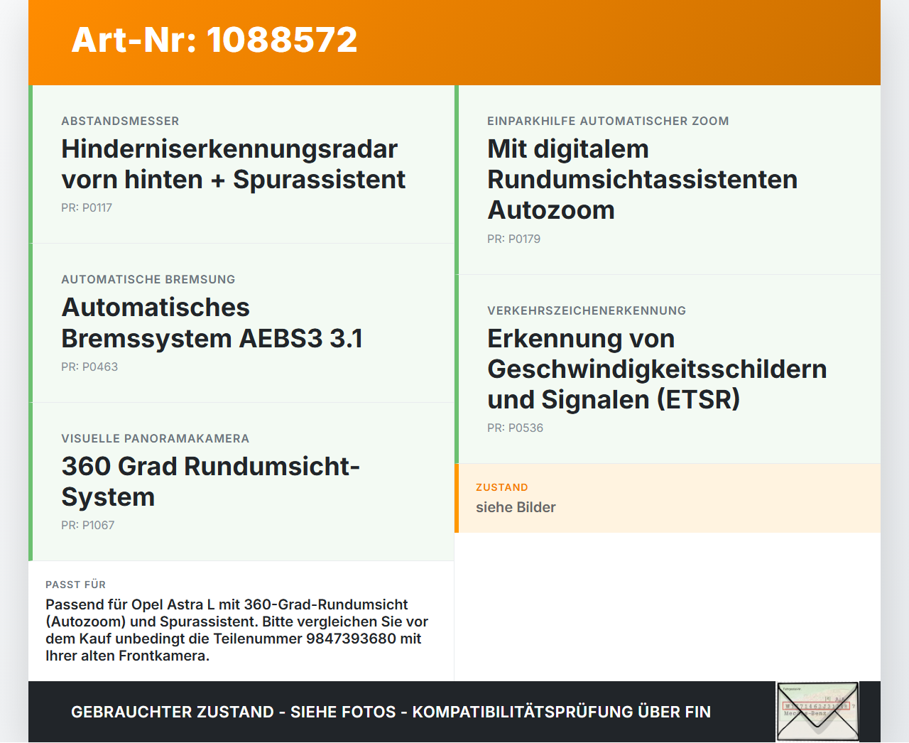 Opel Astra L 21-26 Hybrid 1,6 132KW Kamera Frontkamera Sensor Opel Astra L 21-26 27.04.2023 9847393680 28531L02... Vorschau 3