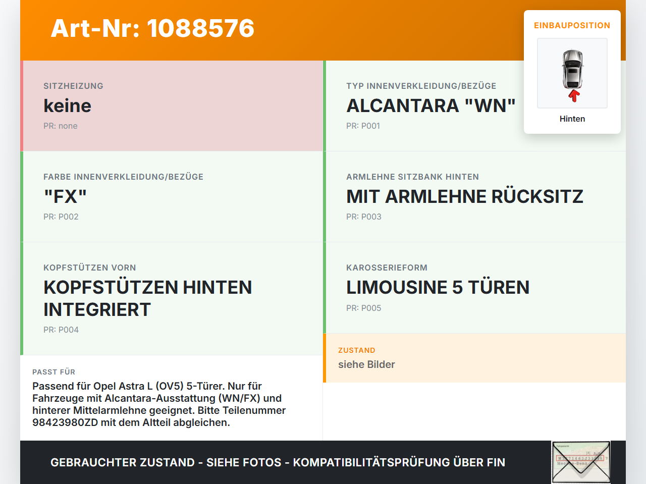 Opel Astra L 21-26 Kopfstütze Mitte Hinten Opel Astra L 21-26 27.04.2023 98423980ZD gebraucht Vorschau 3
