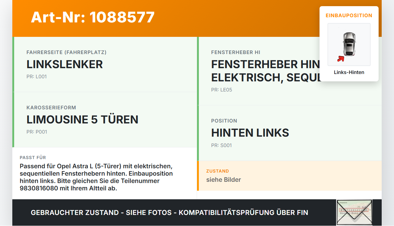 Opel Astra L 21-26 5T Fensterhebermotor mit Fensterheber Links Hinten Opel Astra L 21-26 27.04.2023 9830816080 gebraucht Vorschau 3