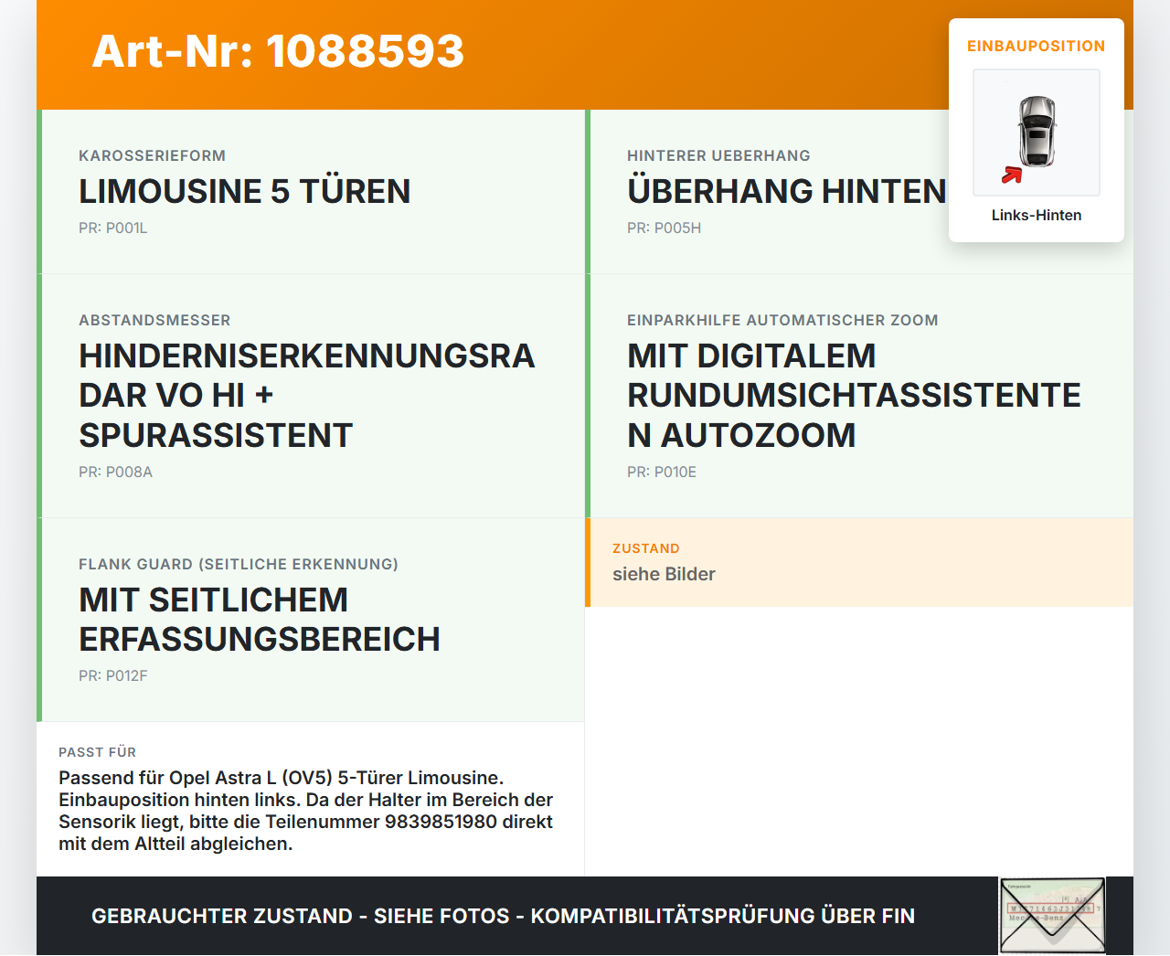 Opel Astra L 21-26 5T Halter Träger Aufnahme Führung für Stoßstange Links Hinten Opel Astra L 21-26 27.04.2023... Vorschau 3