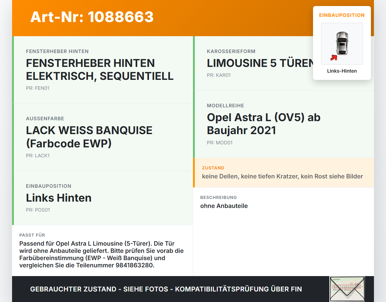 Opel Astra L 21-26 5T Tür Links Hinten EWP Opel Astra L 21-26 27.04.2023 9841863280 gebraucht Vorschau 3