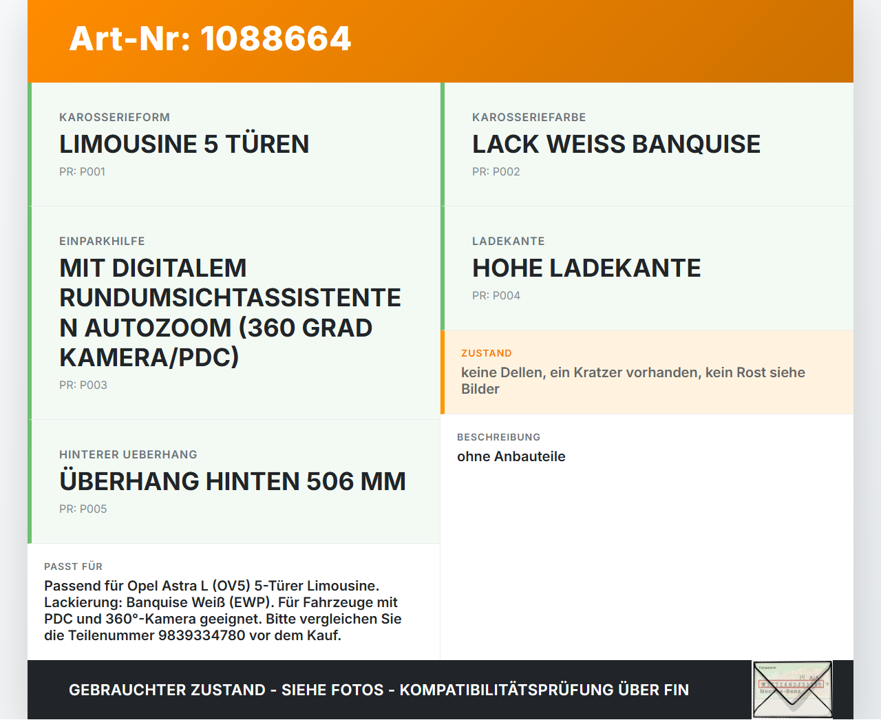 Opel Astra L 21-26 5T Heckklappe Kofferraumdeckel EWP Opel Astra L 21-26 27.04.2023 9839334780 gebraucht Vorschau 3