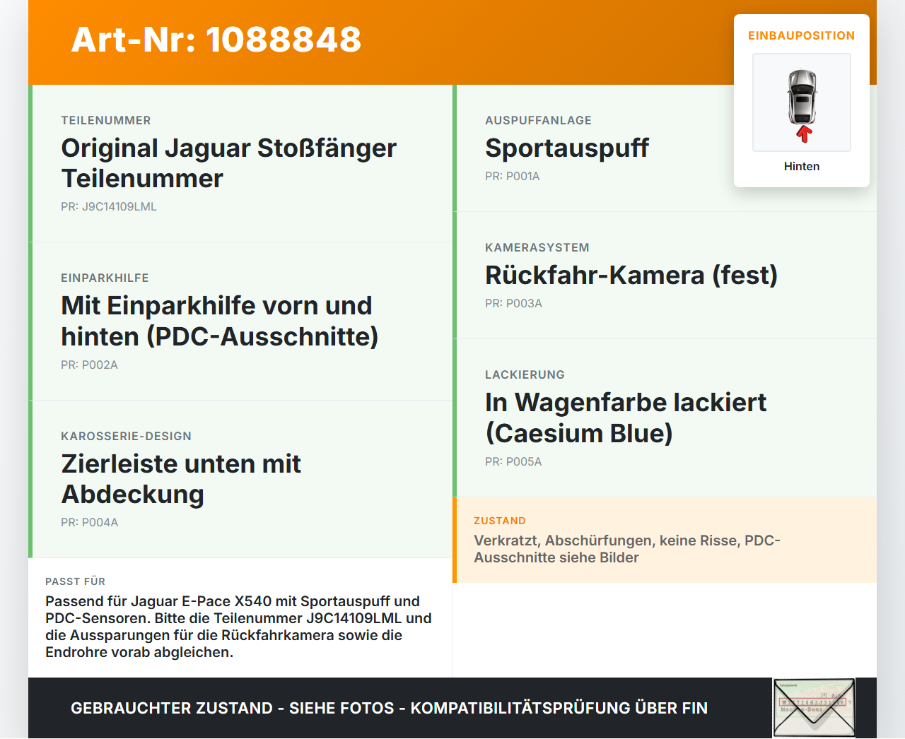 Jaguar E-Pace X540 Stoßstange Stoßfänger Heckstosstange Hinten JHK Jaguar E-Pace X540 19.08.2019 351511T1146... Vorschau 3
