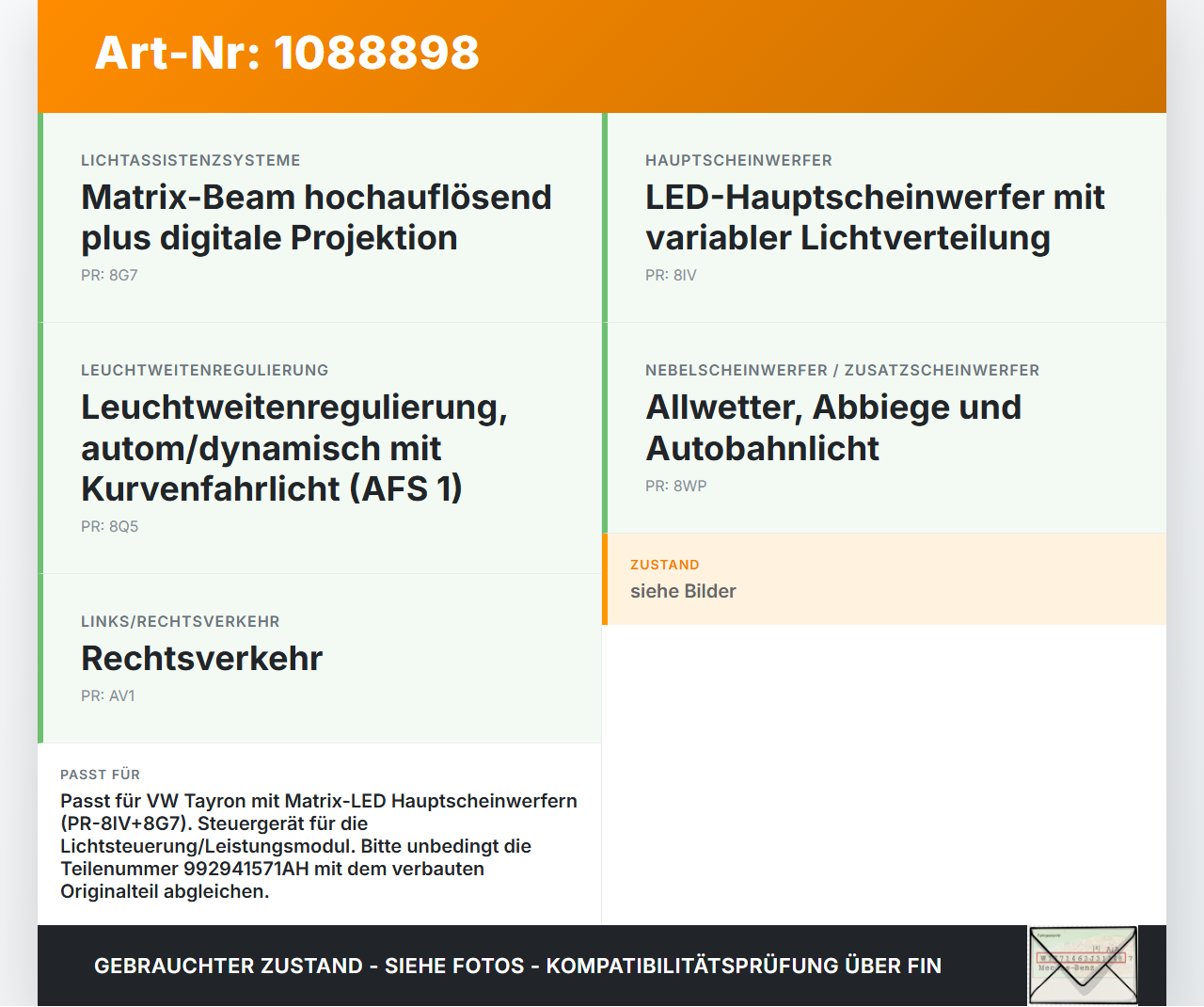 VW Tayron R41 Steuergerät ECU Licht Kontrolle VW Tayron R41 20.08.2025 992941571AH 992941571A gebraucht Vorschau 3
