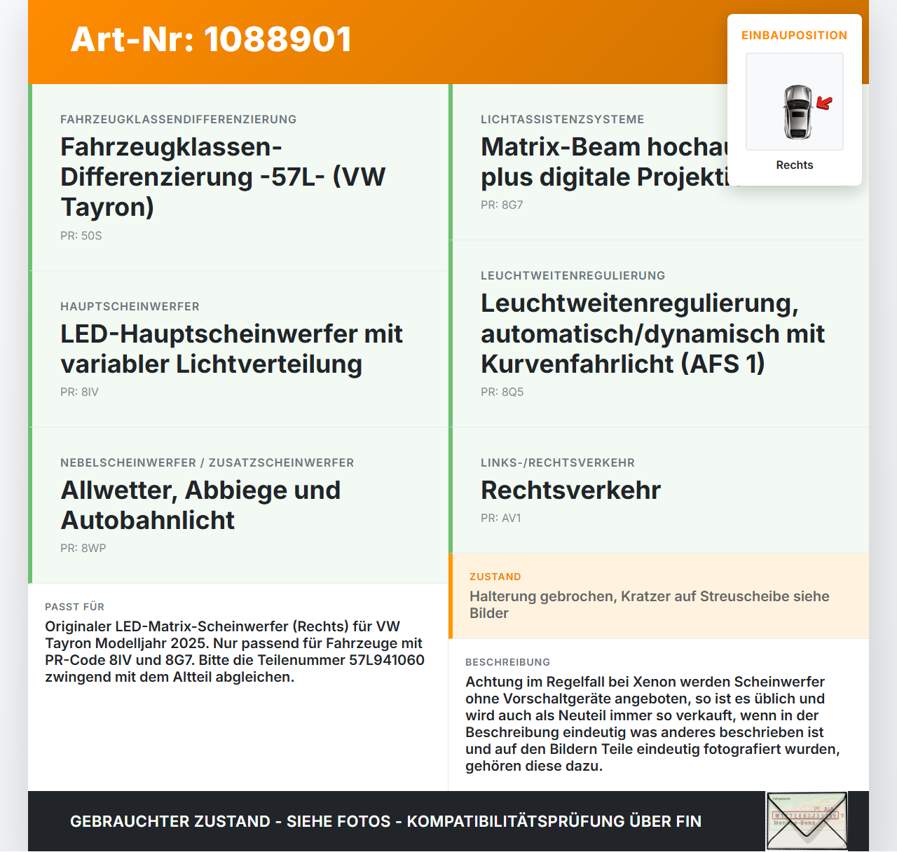 VW Tayron R41 Scheinwerfer Frontscheinwerfer Rechts orig. VW Tayron R41 20.08.2025 57L941114 57L941060 0301138234... Vorschau 3