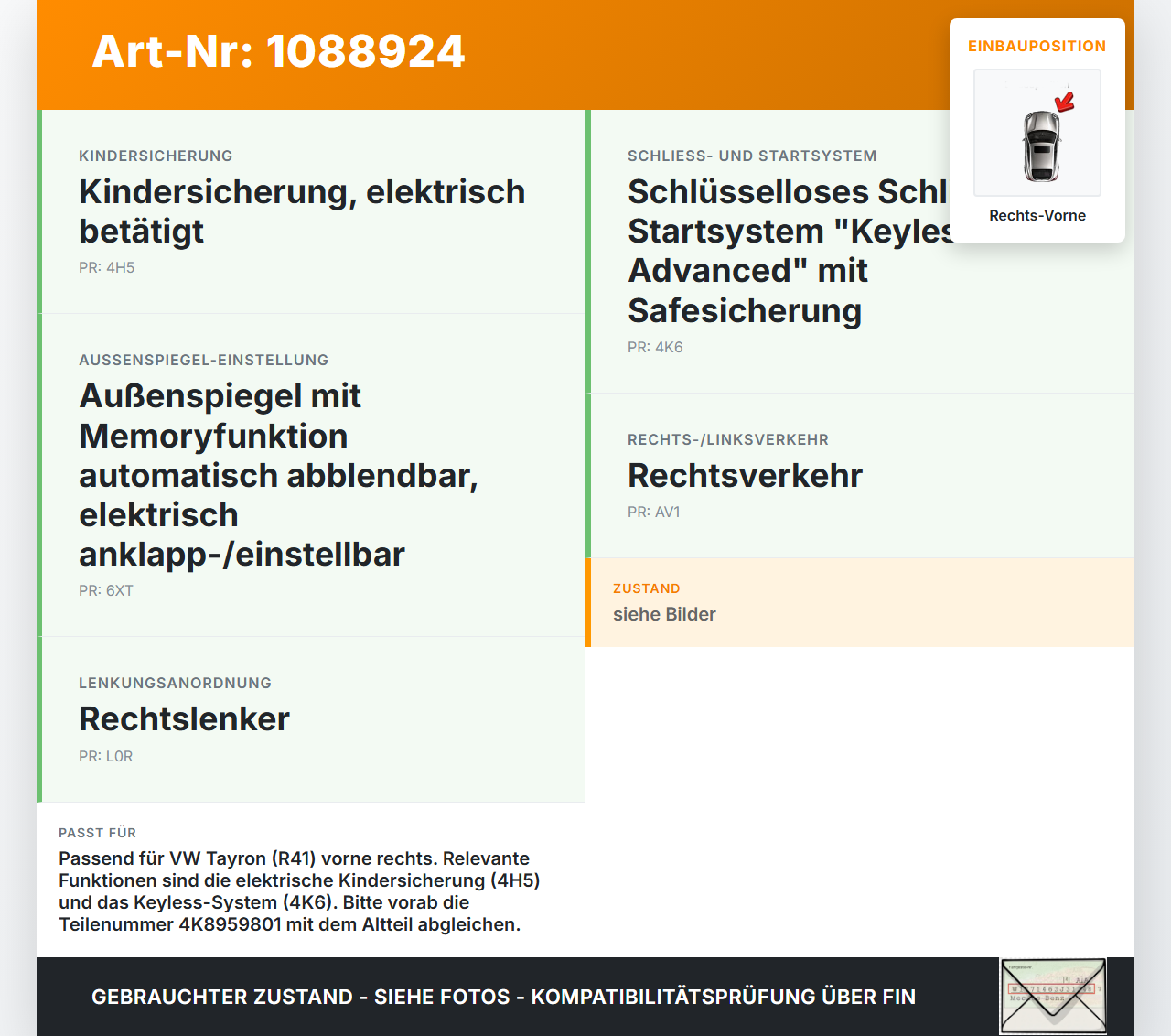 VW Tayron R41 Fensterhebermotor mit Fensterheber Rechts Vorne VW Tayron R41 20.08.2025 4K0959801 4K8959801... Vorschau 3