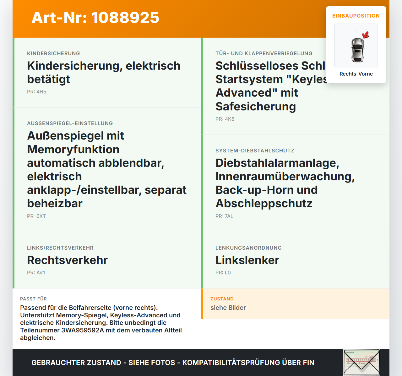 VW Tayron R41 SG Steuergerät für Tür Airbag Rechts Vorne VW Tayron R41 20.08.2025 3WA959592A 3WA959592 gebraucht Vorschau 3