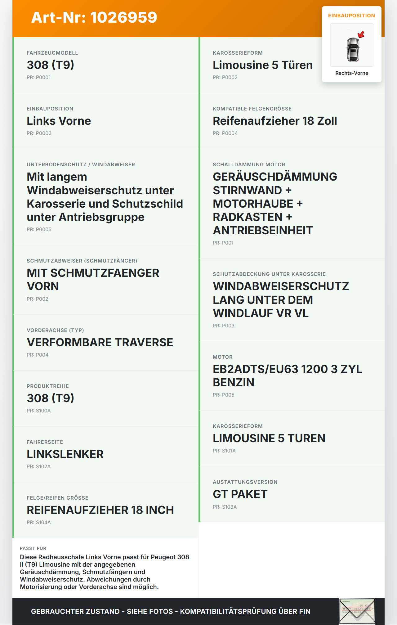 Peugeot 308 II 17-21 Verkleidung Radhausschale Rechts Vorne für Kotflügel Peugeot 308 II 17-21 06.04.2021... Vorschau 3