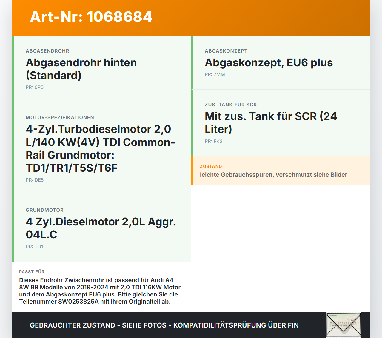 Audi A4 8W B9 19-24 TDI 2,0 116KW Endrohr Zwischenrohr Auspuff Audi A4 8W B9 19-24 18.12.2015 8W0253825A gebraucht Vorschau 3
