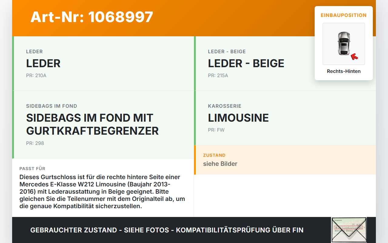 Mercedes E250 W212 13-16 Lim Gurtschloss Rechts Hinten Mercedes E250 W212 13-16 17.09.2013 36021096 gebraucht Vorschau 3