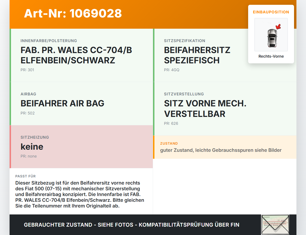 Fiat 500 07-15 3T Sitzbezug Sitzpolster für Beifahrersitz Rechts Vorne Fiat 500 07-15 28.03.2018 gebraucht Vorschau 3