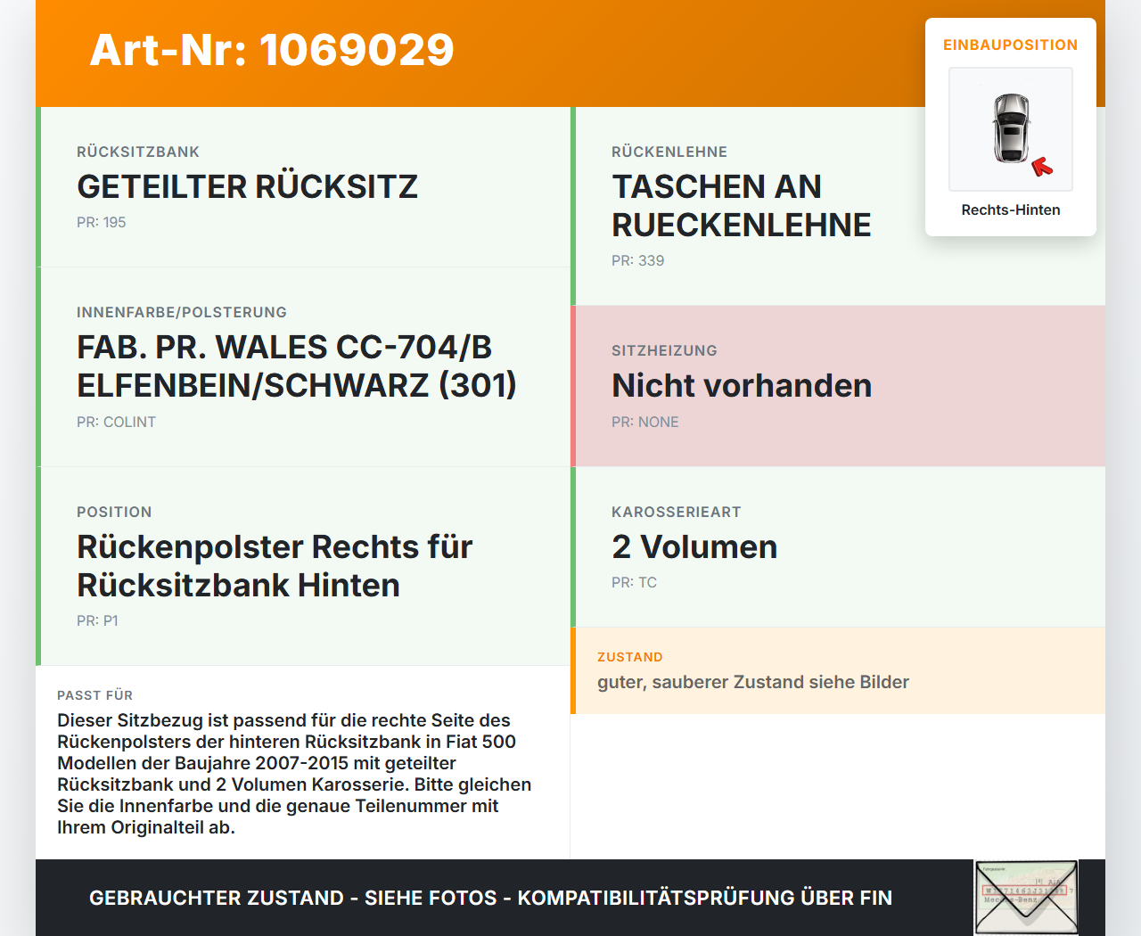 Fiat 500 07-15 3T Sitzbezug Rückenpolster Rechts für Rücksitzbank Hinten Fiat 500 07-15 28.03.2018 gebraucht Vorschau 3