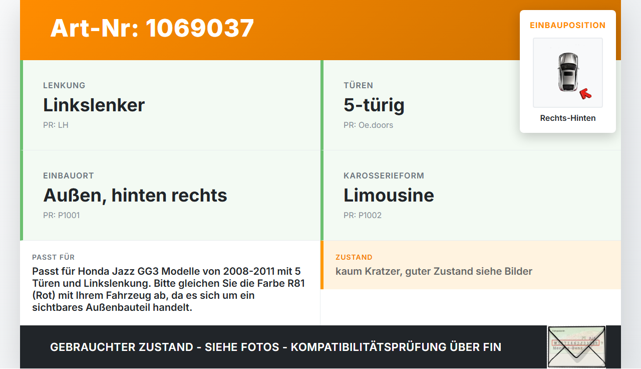 Honda Jazz GG3 08-11 Lim Türgriff Griff aussen Rechts Hinten R81 Honda Jazz GG3 08-11 22.04.2009 gebraucht Vorschau 3