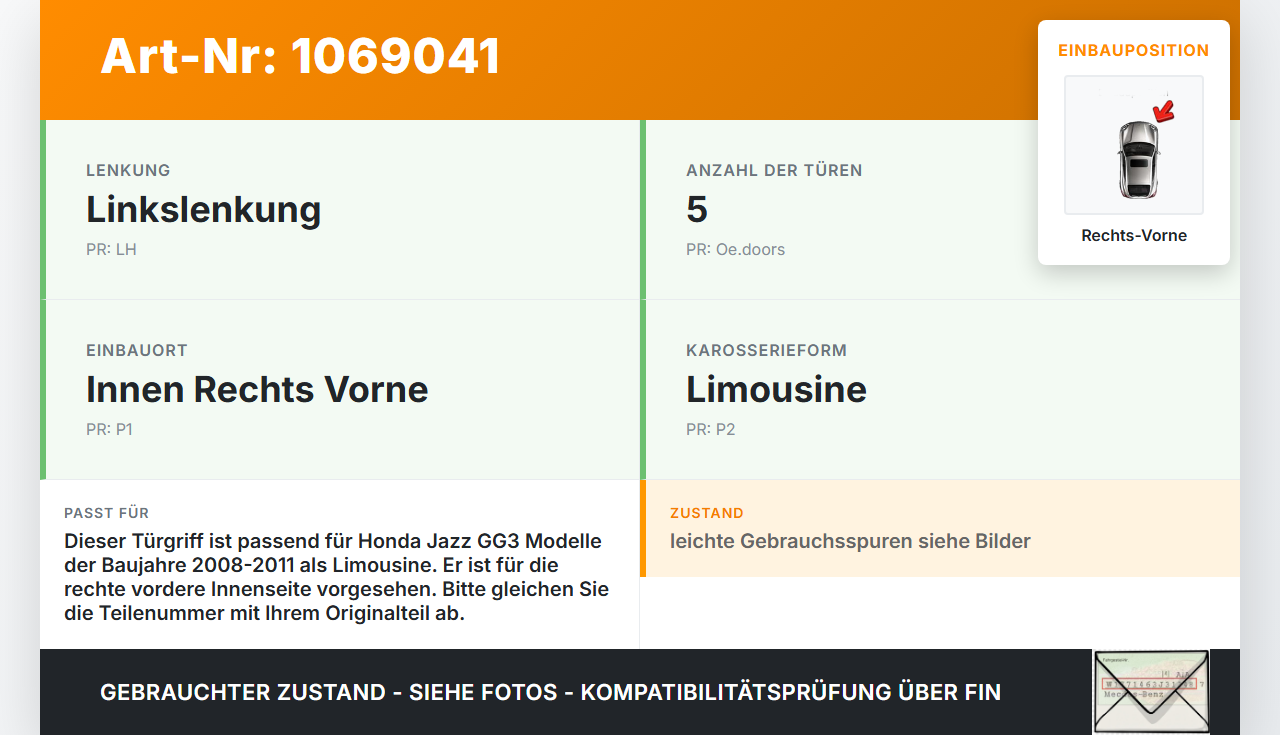 Honda Jazz GG3 08-11 Lim Türgriff Griffmuschel Griff Innen Rechts Vorne Honda Jazz GG3 08-11 22.04.2009 gebraucht Vorschau 3
