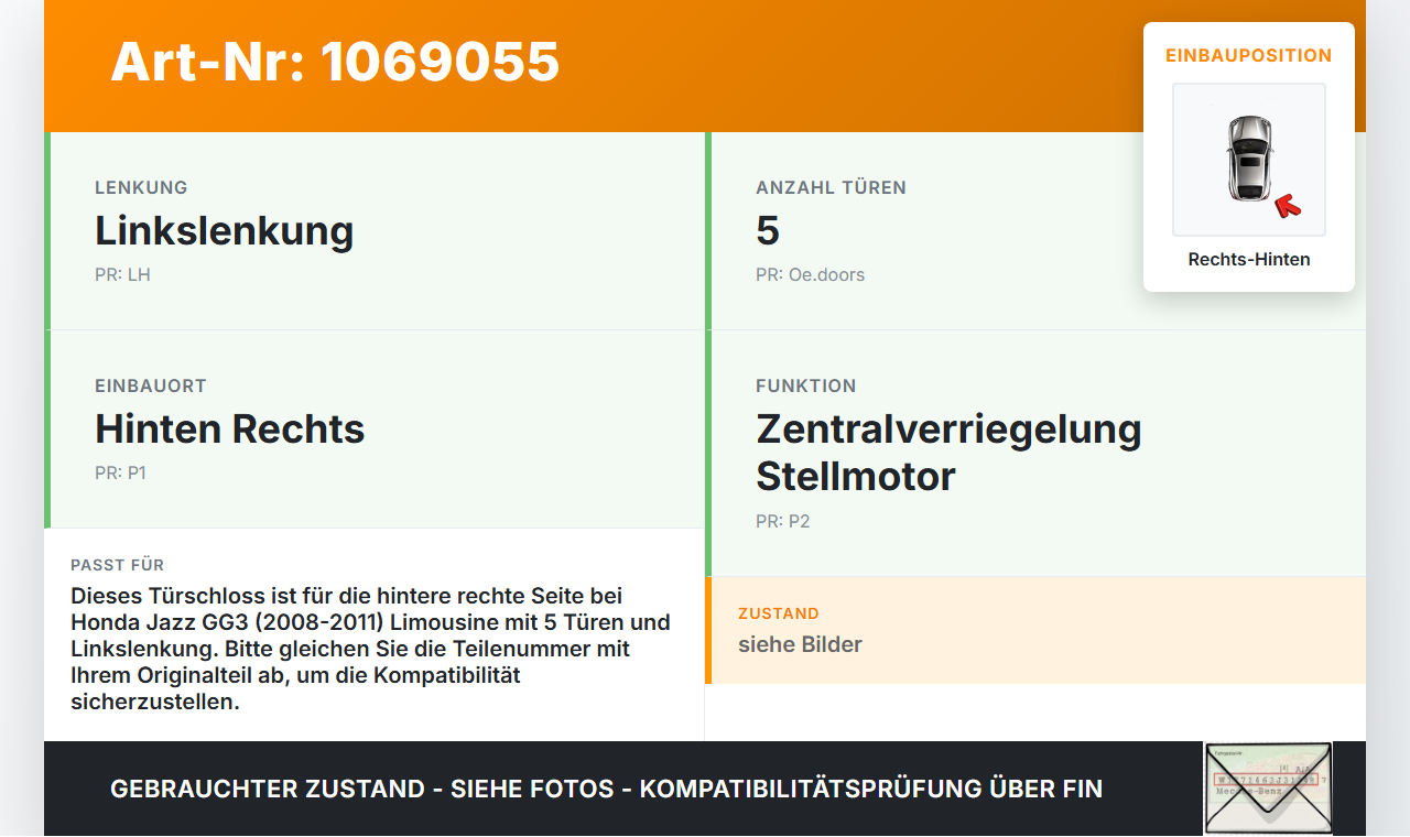 Honda Jazz GG3 08-11 Lim Türschloss m. ZV Stellmotor Rechts Hinten Honda Jazz GG3 08-11 22.04.2009 gebraucht Vorschau 3