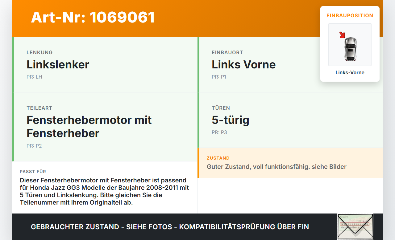 Honda Jazz GG3 08-11 Lim Fensterhebermotor mit Fensterheber Links Vorne Honda Jazz GG3 08-11 22.04.2009 gebraucht Vorschau 3