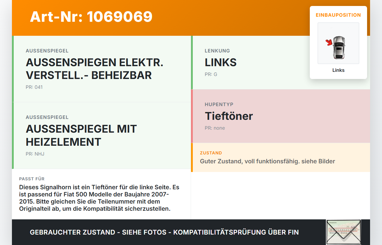 Fiat 500 07-15 Hupe Signalhorn Tieftöner Links Fiat 500 07-15 28.03.2018 gebraucht Vorschau 3