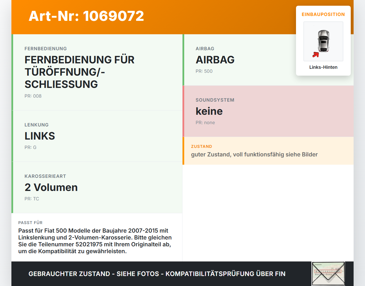 Fiat 500 07-15 Lautsprecher Links Hinten Fiat 500 07-15 28.03.2018 52021975 90016444504 gebraucht Vorschau 3