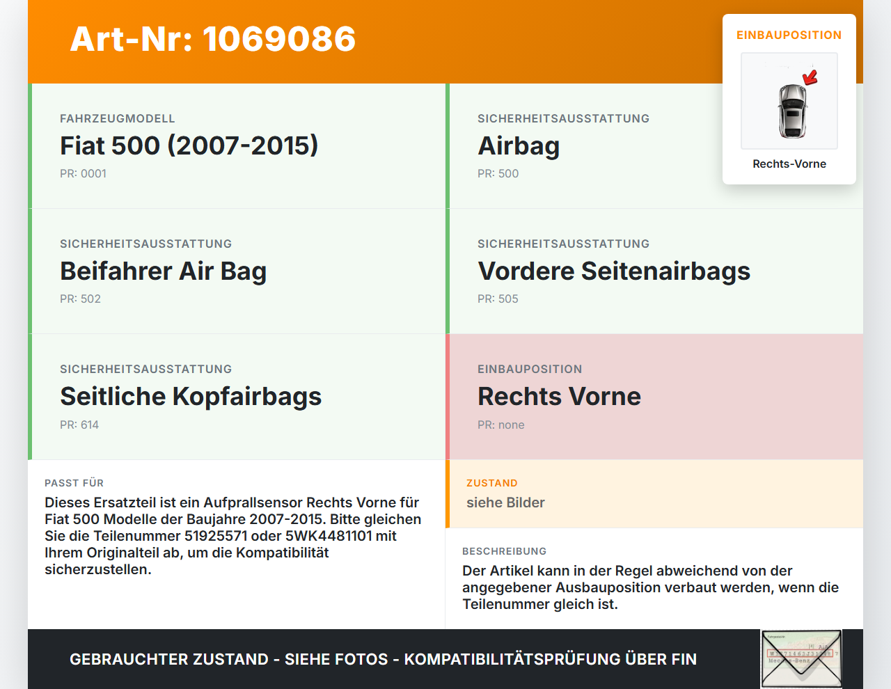 Fiat 500 07-15 Sensor für Airbag Crashsensor Airbagsensor Rechts Vorne Fiat 500 07-15 28.03.2018 51925571... Vorschau 3