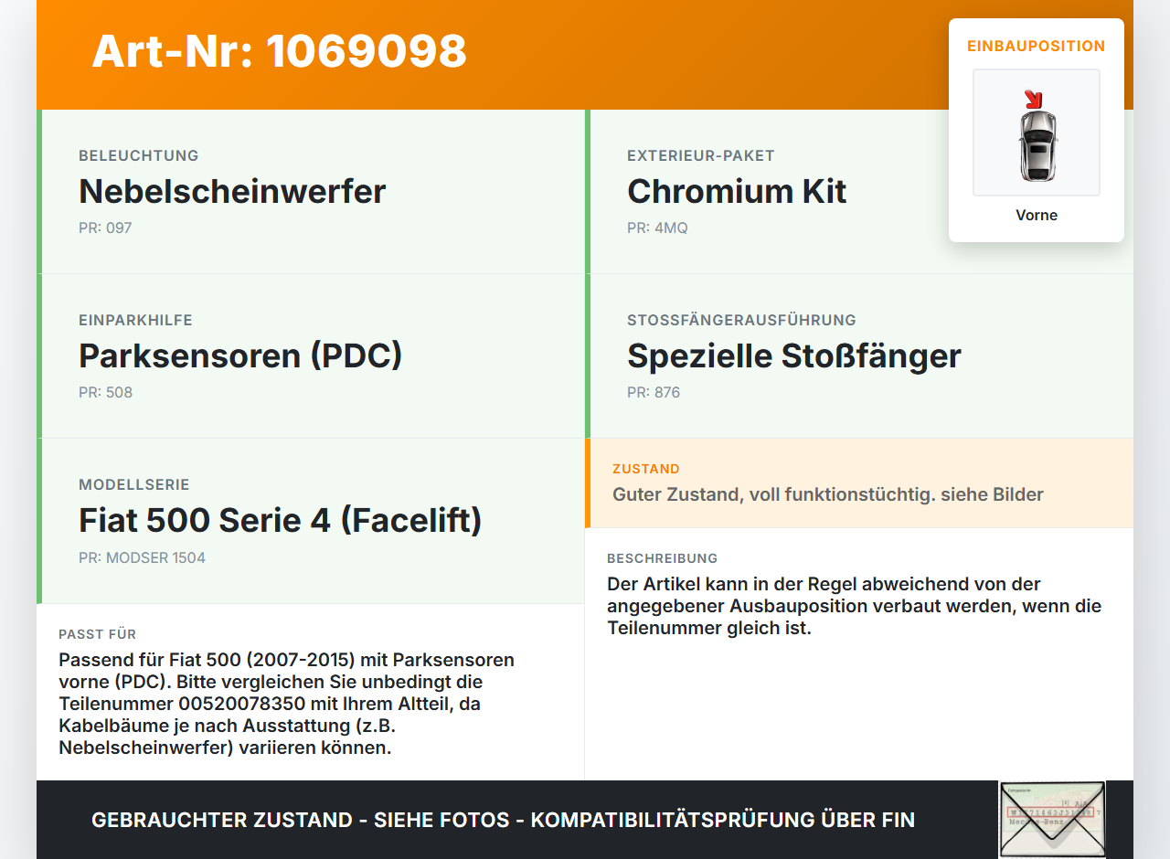 Fiat 500 07-15 Kabelbaum Stoßstange PDC für Sensoren Vorne Fiat 500 07-15 28.03.2018 00520078350 gebraucht Vorschau 3