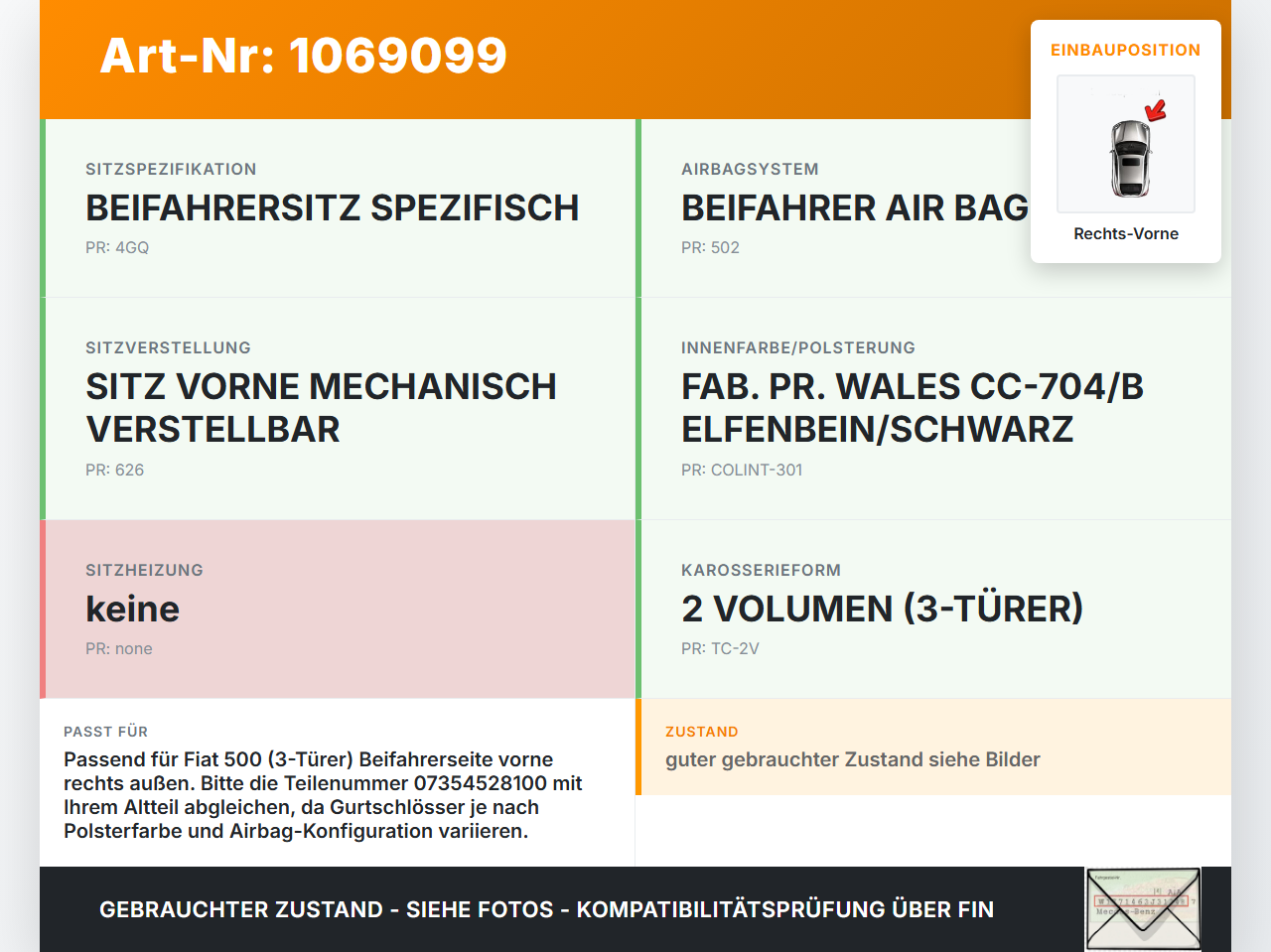 Fiat 500 07-15 3T Gurtstraffer Beifahrer Rechts Vorne Aussen Fiat 500 07-15 28.03.2018 07354528100 34022870C gebraucht Vorschau 3