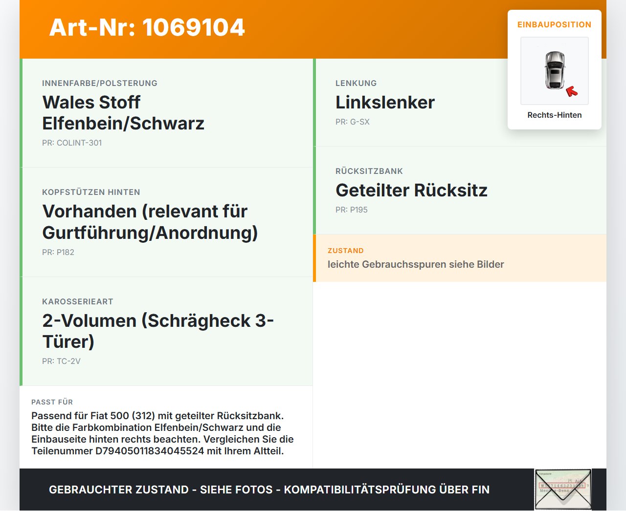 Fiat 500 07-15 3T Gurtschloss Rechts Hinten Fiat 500 07-15 28.03.2018 D79405011834045524 gebraucht Vorschau 3