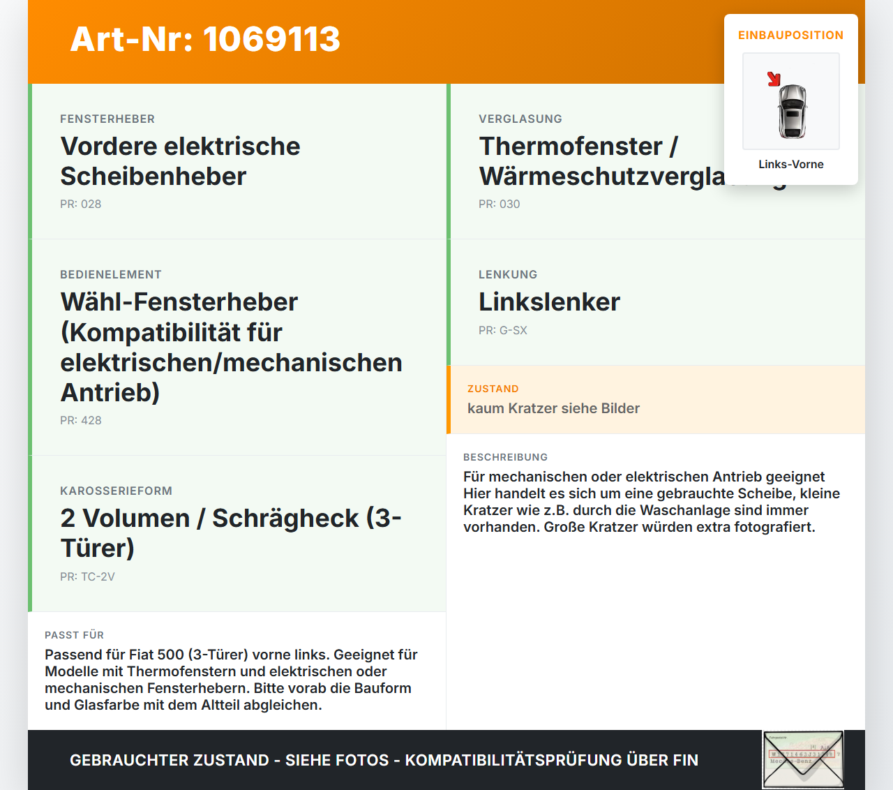Fiat 500 07-15 3T LVK Seitenscheibe für Tür Fenster Türscheibe Links Vorne Fiat 500 07-15 28.03.2018 gebraucht Vorschau 3