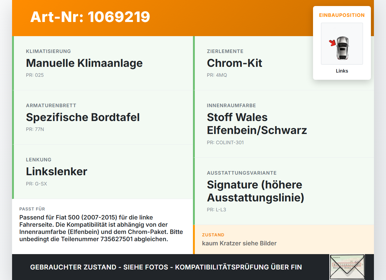 Fiat 500 07-15 Innen Blende Dekor Zierring für Luftdusche Links Fiat 500 07-15 28.03.2018 735627501 gebraucht Vorschau 3