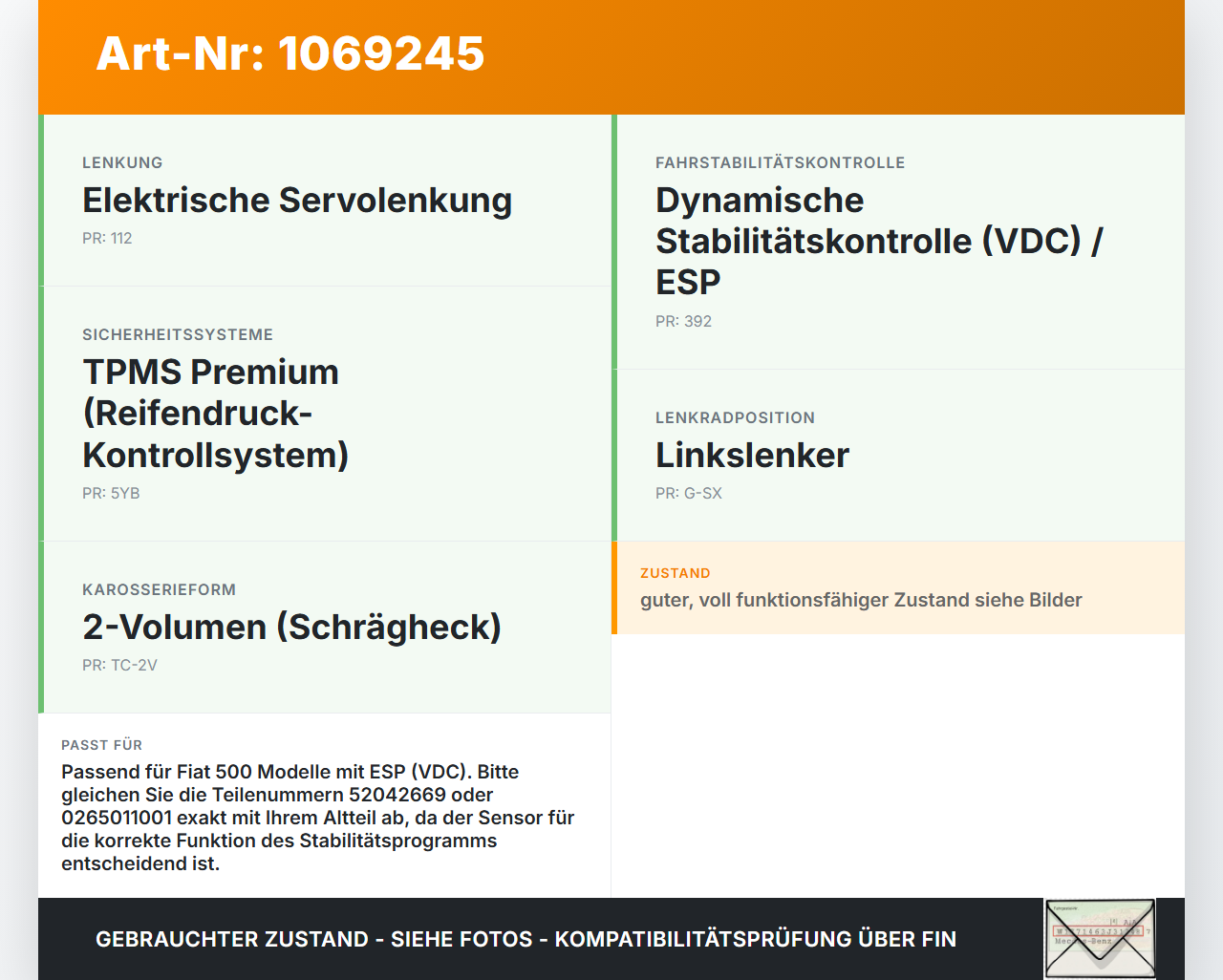 Fiat 500 07-15 Drehratensensor Sensor Fiat 500 07-15 28.03.2018 0265011001 52042669 gebraucht Vorschau 3