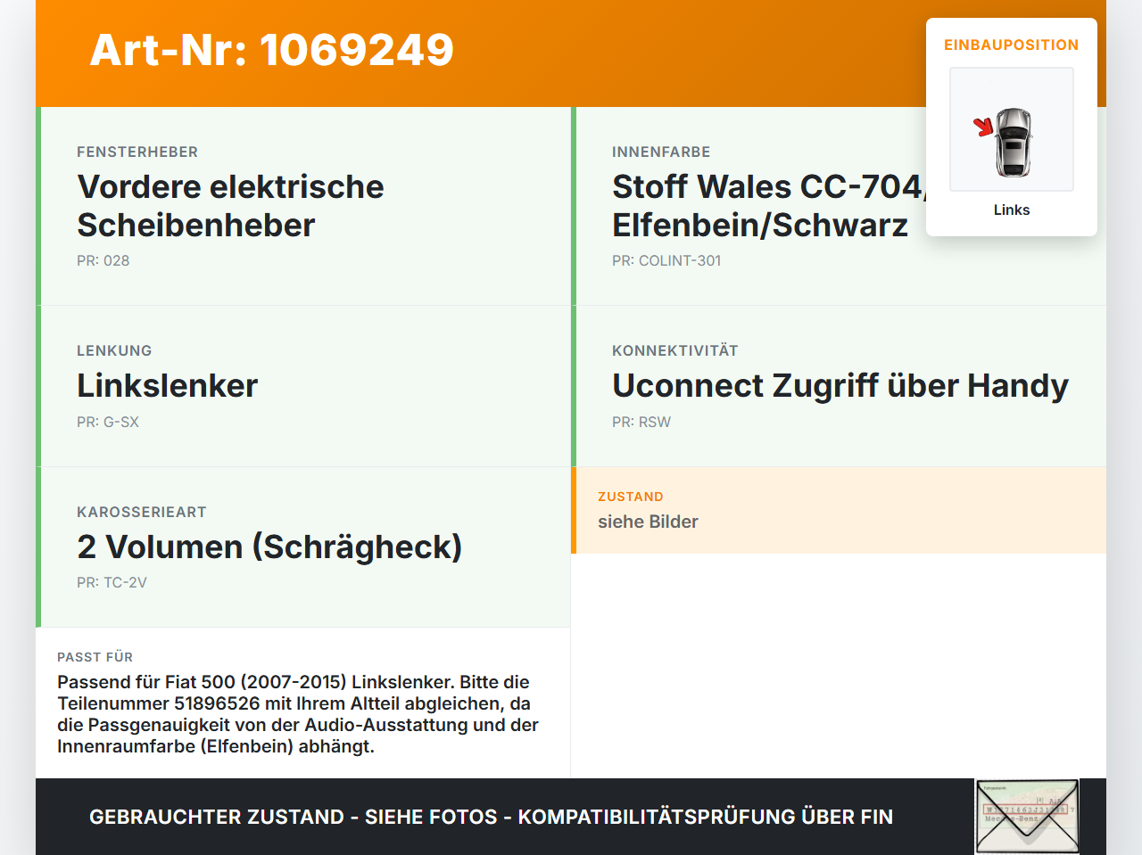Fiat 500 07-15 Lautsprecher Hochtöner Links Fiat 500 07-15 28.03.2018 51896526 90220027004A gebraucht Vorschau 3