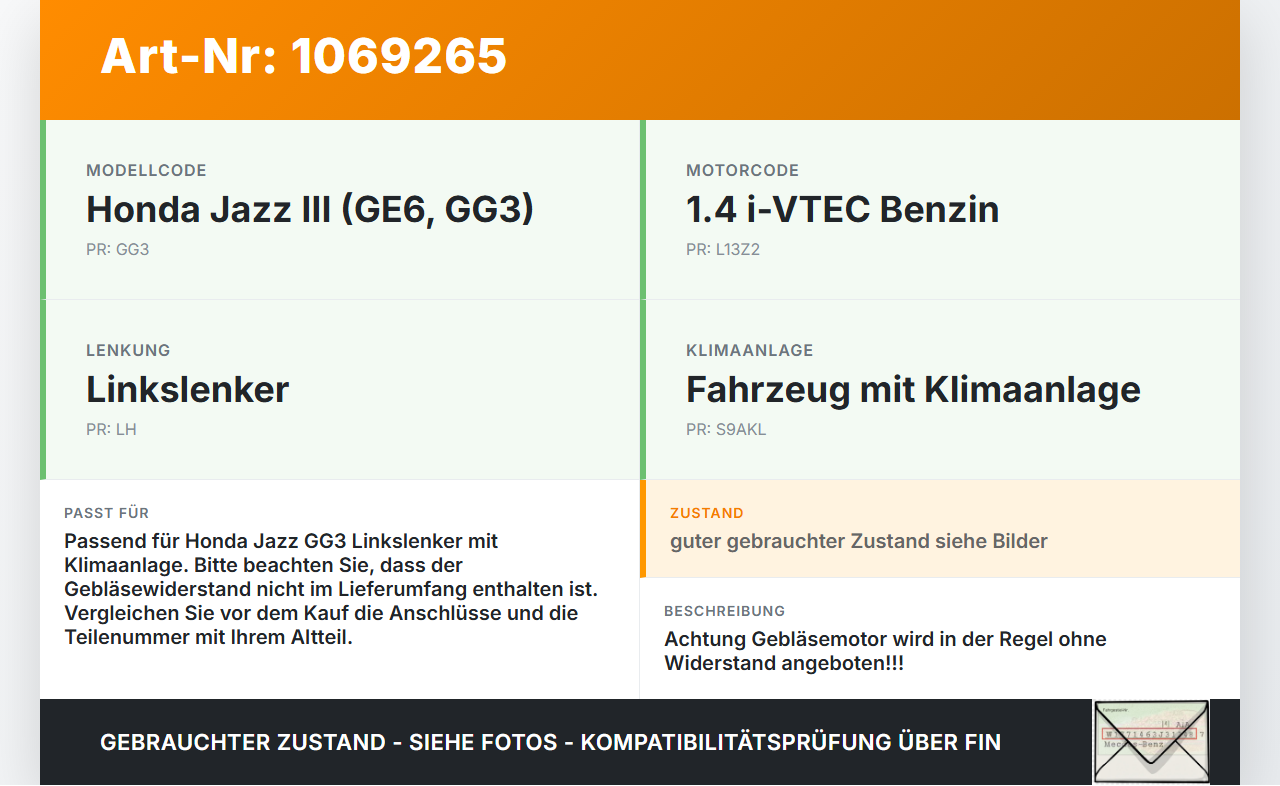Honda Jazz GG3 08-11 Gebläsemotor Lüftermotor Heizungsgebläse Honda Jazz GG3 08-11 22.04.2009 gebraucht Vorschau 3