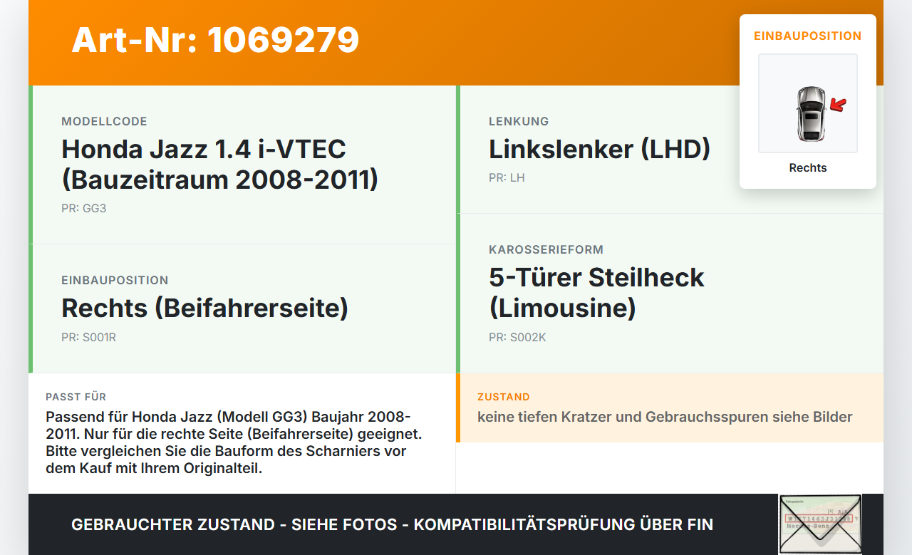 Honda Jazz GG3 08-11 Lim Scharnier für Motorhaube Motorhaubenscharnier Rechts Honda Jazz GG3 08-11 22.04.2009 gebraucht Vorschau 3