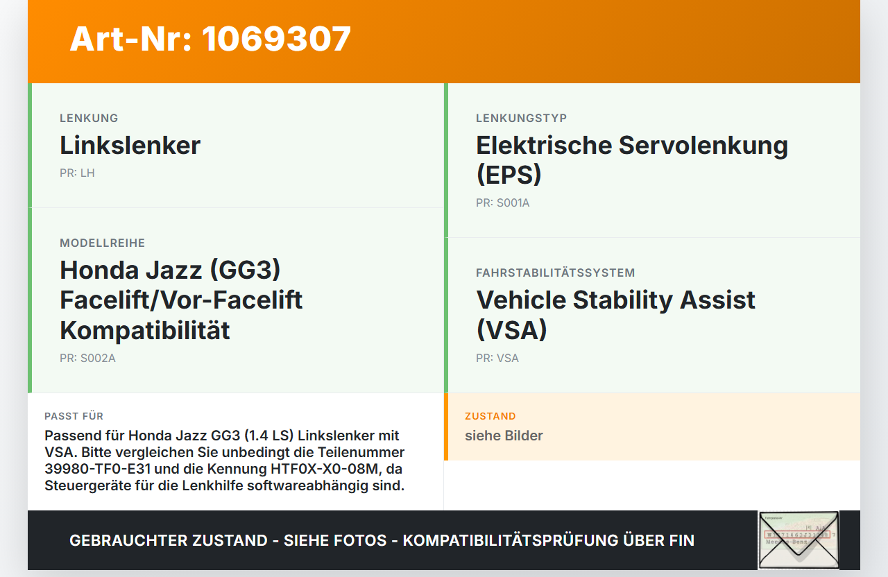 Honda Jazz GG3 08-11 Steuergerät SG für Lenkhilfe Honda Jazz GG3 08-11 22.04.2009 39980-TF0-E31 TM39980-TF0-E3... Vorschau 3
