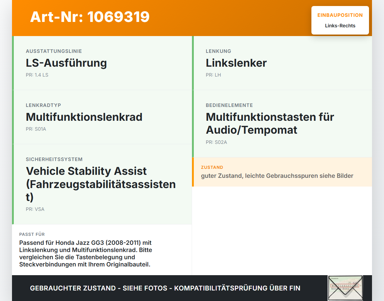 Honda Jazz GG3 08-11 Lenkradschalter Multifunktionstasten Schalter für Lenkrad Rechts und Links Honda Jazz GG3... Vorschau 3