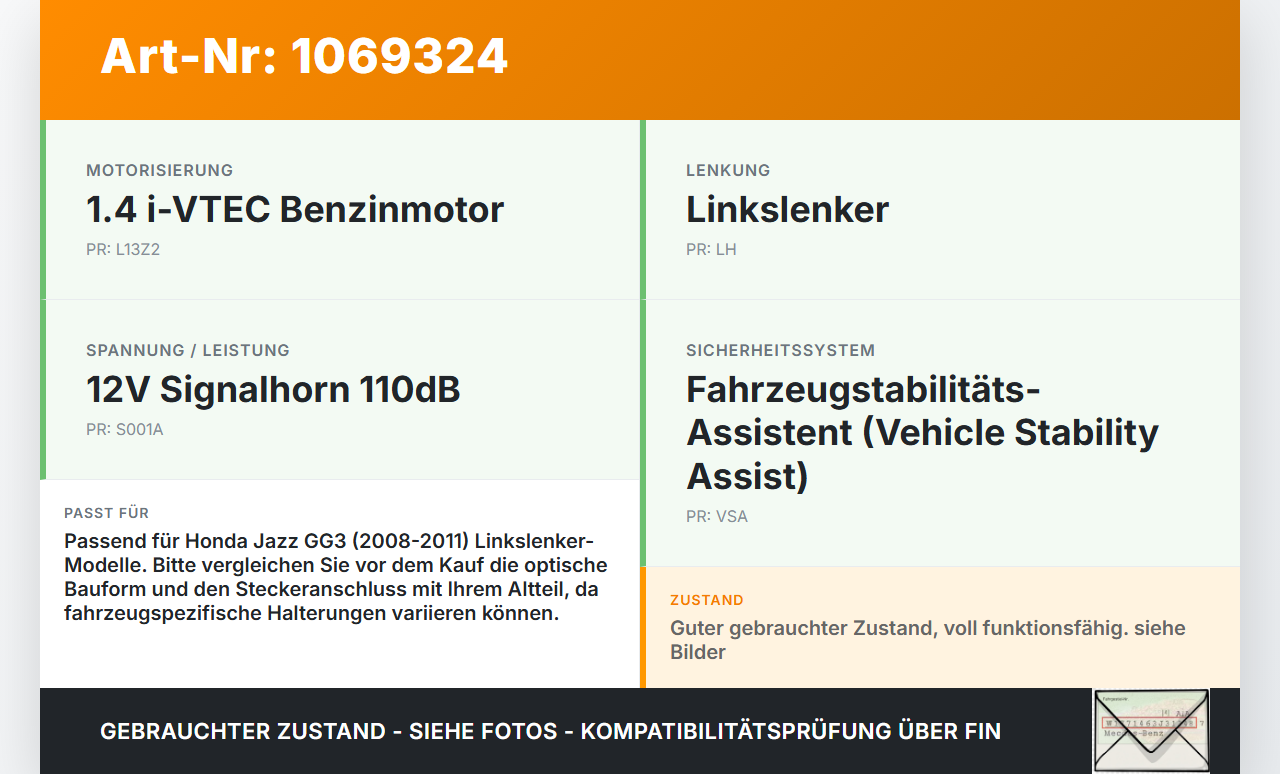 Honda Jazz GG3 08-11 Hupe Signalhorn 110dB Honda Jazz GG3 08-11 22.04.2009 UCH-201 gebraucht Vorschau 3