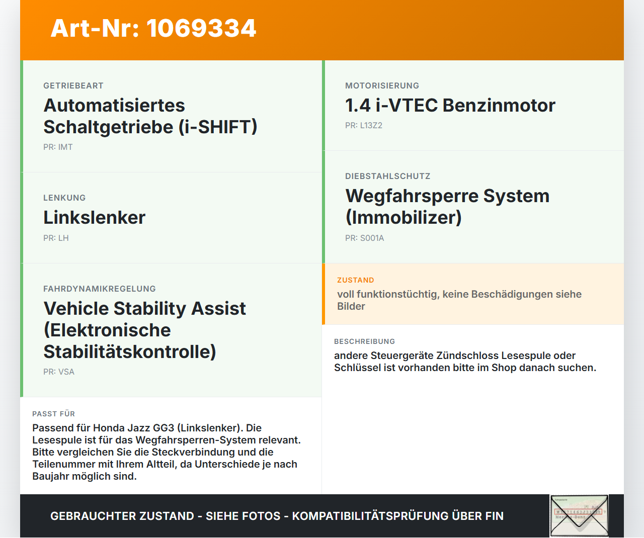 Honda Jazz GG3 08-11 Lesespule Honda Jazz GG3 08-11 22.04.2009 gebraucht Vorschau 3