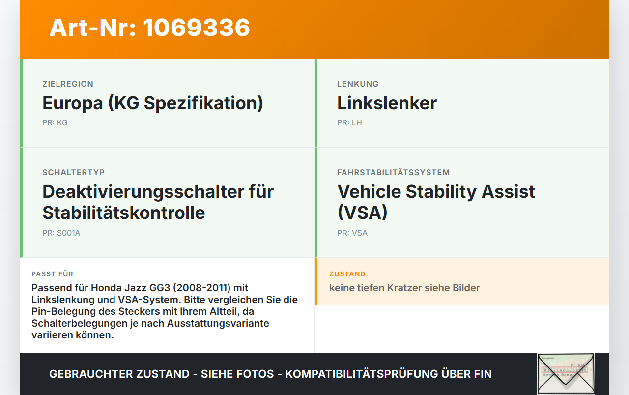 Honda Jazz GG3 08-11 Schalter VSA Off Honda Jazz GG3 08-11 22.04.2009 N24985 gebraucht Vorschau 3
