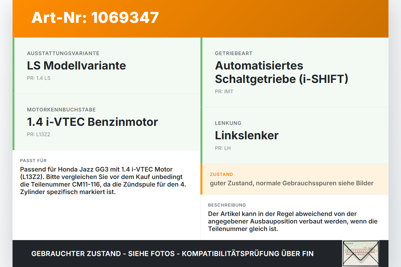 Honda Jazz GG3 08-11 1,3 LSH 73KW Zündspule Zyl.4 Honda Jazz GG3 08-11 22.04.2009 CM11-116 gebraucht Vorschau 3