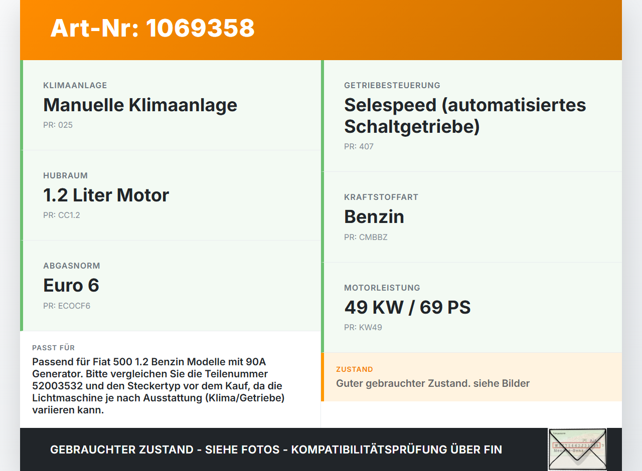 Fiat 500 07-15 1,2 51KW Lichtmaschine Generator 90A Fiat 500 07-15 28.03.2018 52003532 MS1022118472 gebraucht Vorschau 3